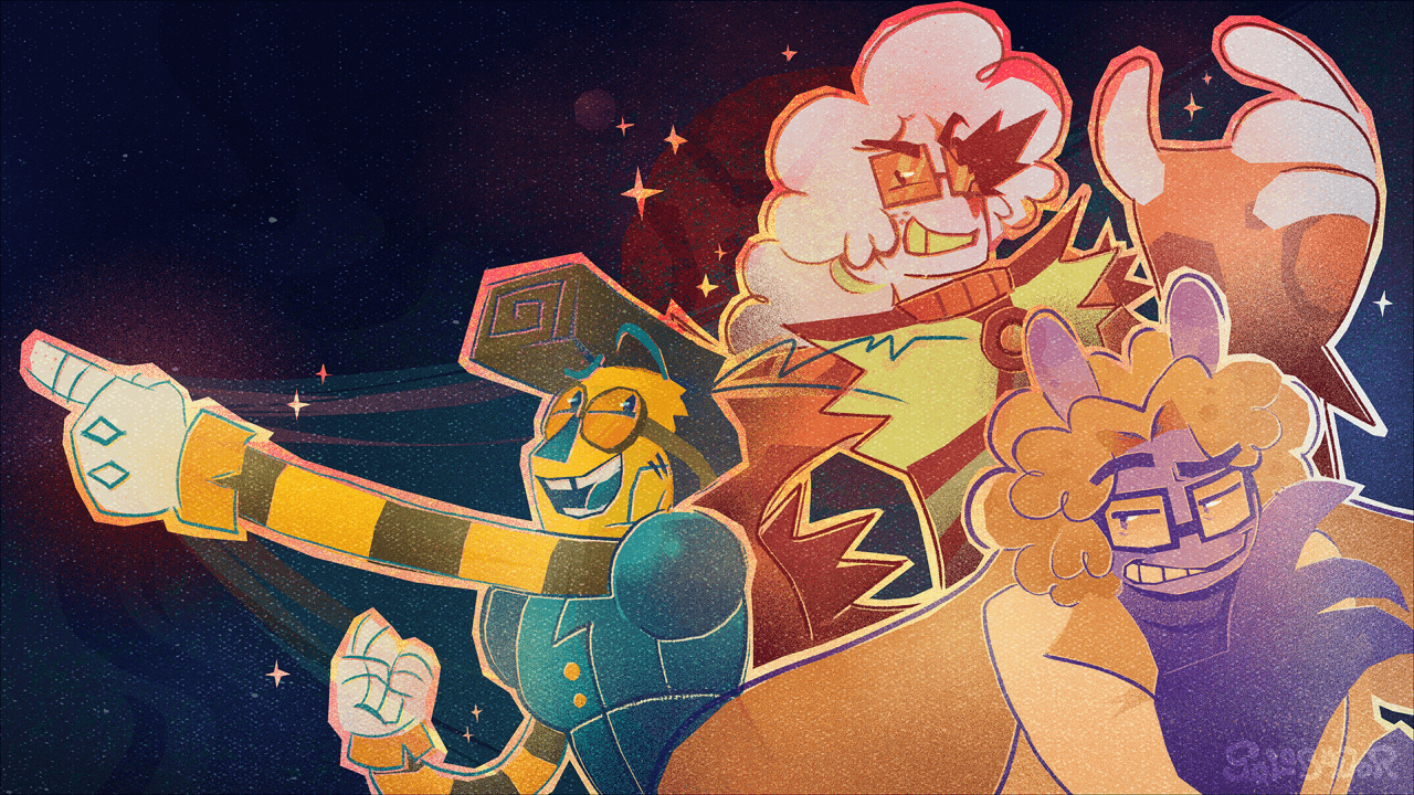 Halfbodies of Deja Vu, Theia, and Oliz in a banner